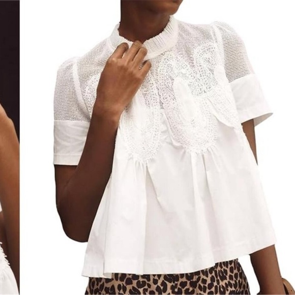 Women Lace-Detail Flared Blouse Short-Sleeve Crew Neck Lace Poplin Mesh - Picture 5 of 7